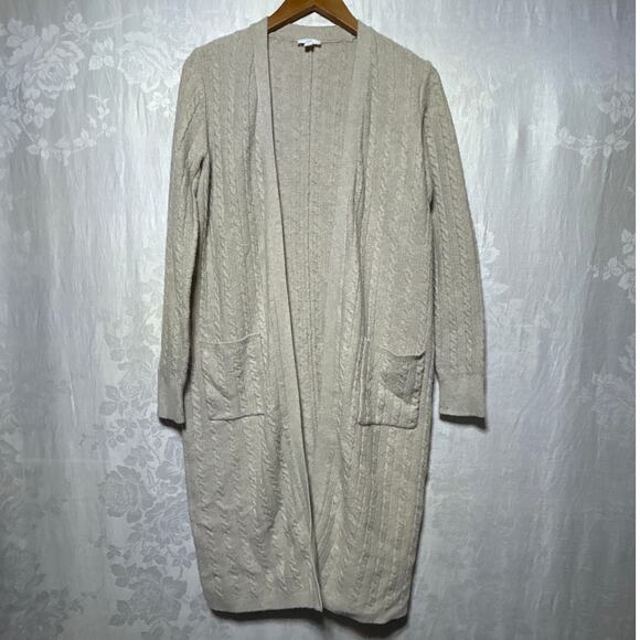 J Jill Cardigan Sweater Small Long Open Cable Knit Beige Oatmeal Duster - Picture 1 of 12